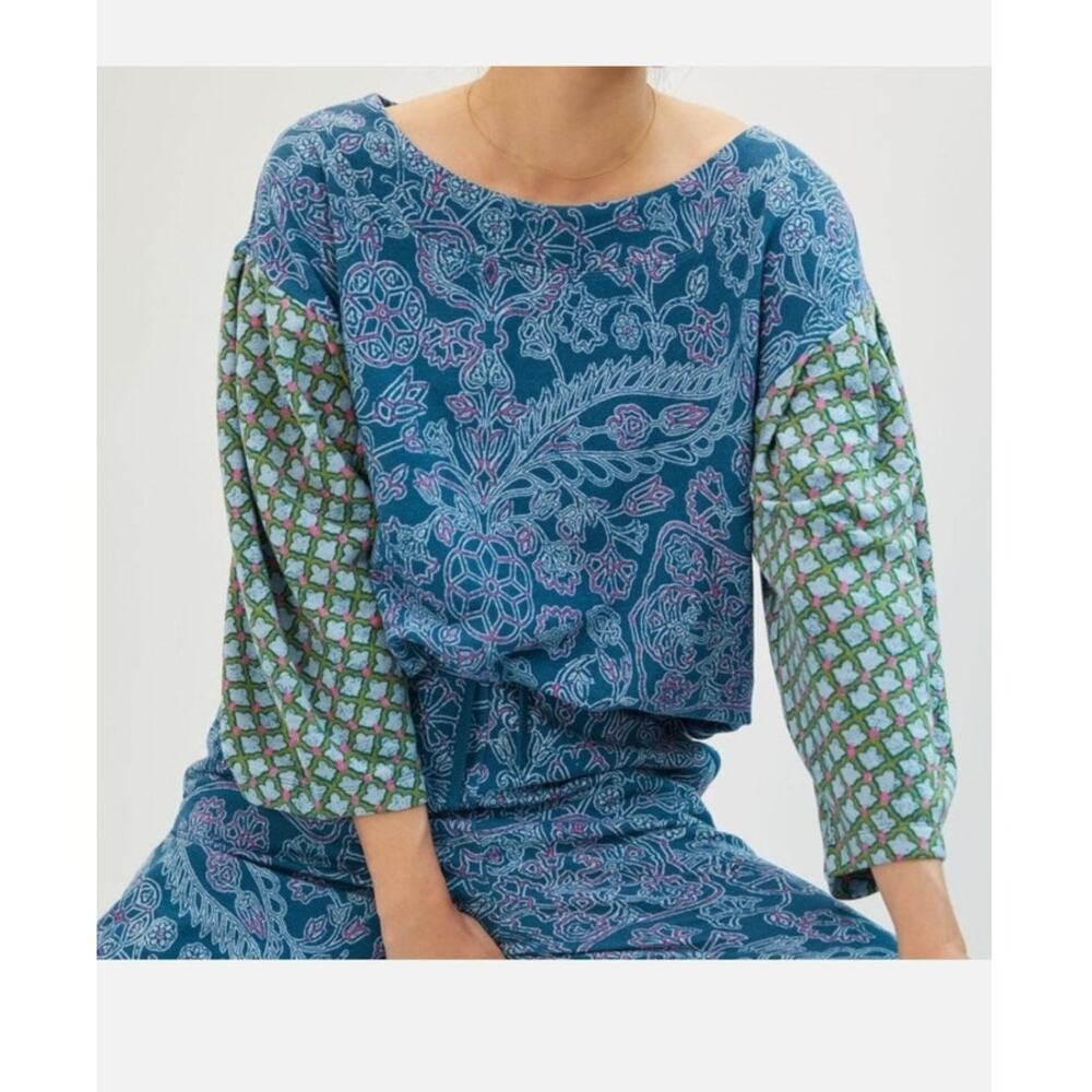 Daily Practice Sz S Puff Sleeve Sweatshirt Green Crewneck Boho Boxy Casual Comfy
